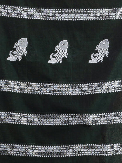 Women's Bottle green all body small fish design with fish design pallu in solid border handwoven cotton saree