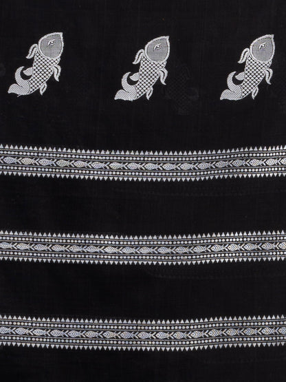 Women's Black all body small fish design with fish design pallu in solid border handwoven cotton saree