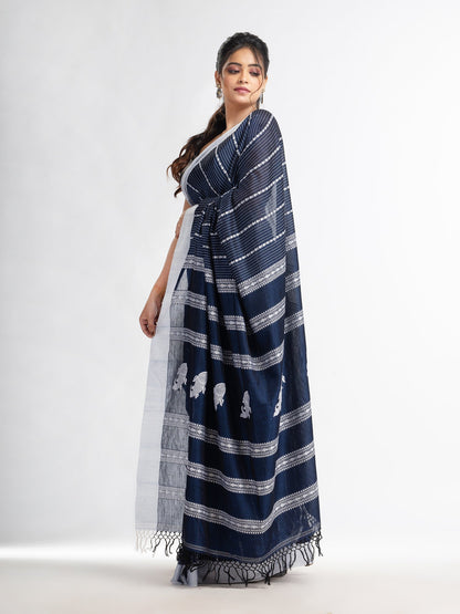 Women's Nevy Blue all body small fish design with fish design pallu in solid border handwoven cotton saree