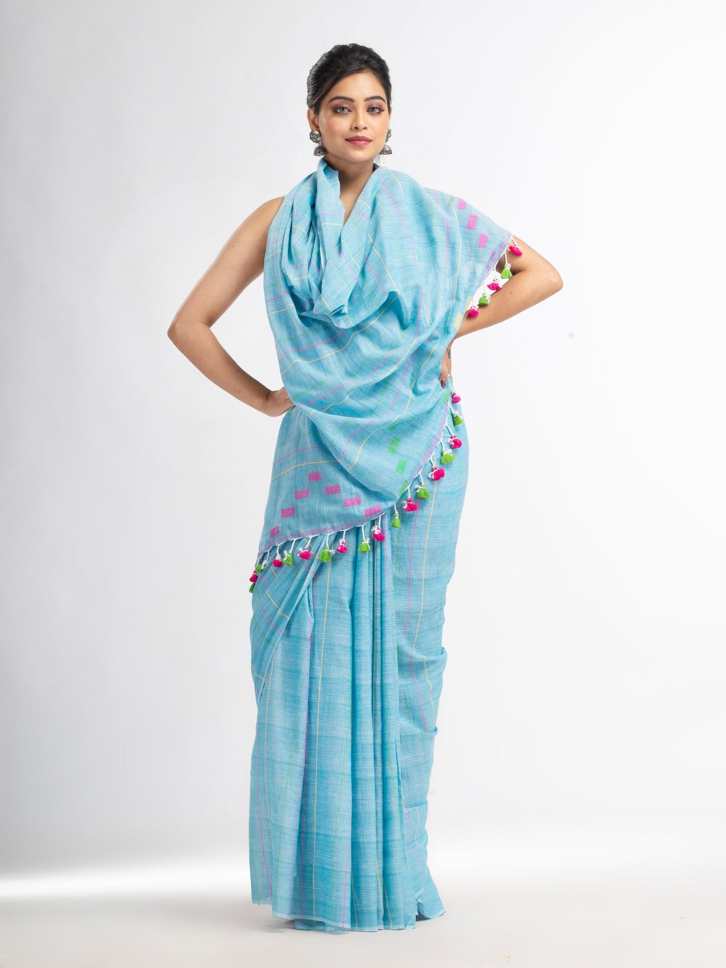 Women's Sky Handwoven Cotton Jamdani handloom Saree