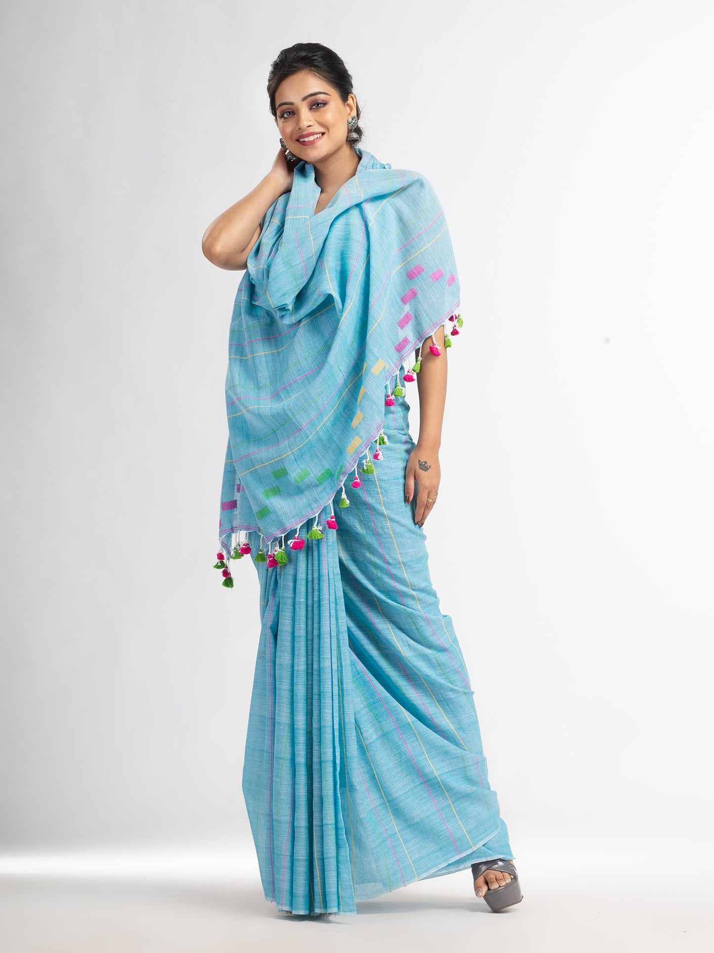 Women's Sky Handwoven Cotton Jamdani handloom Saree