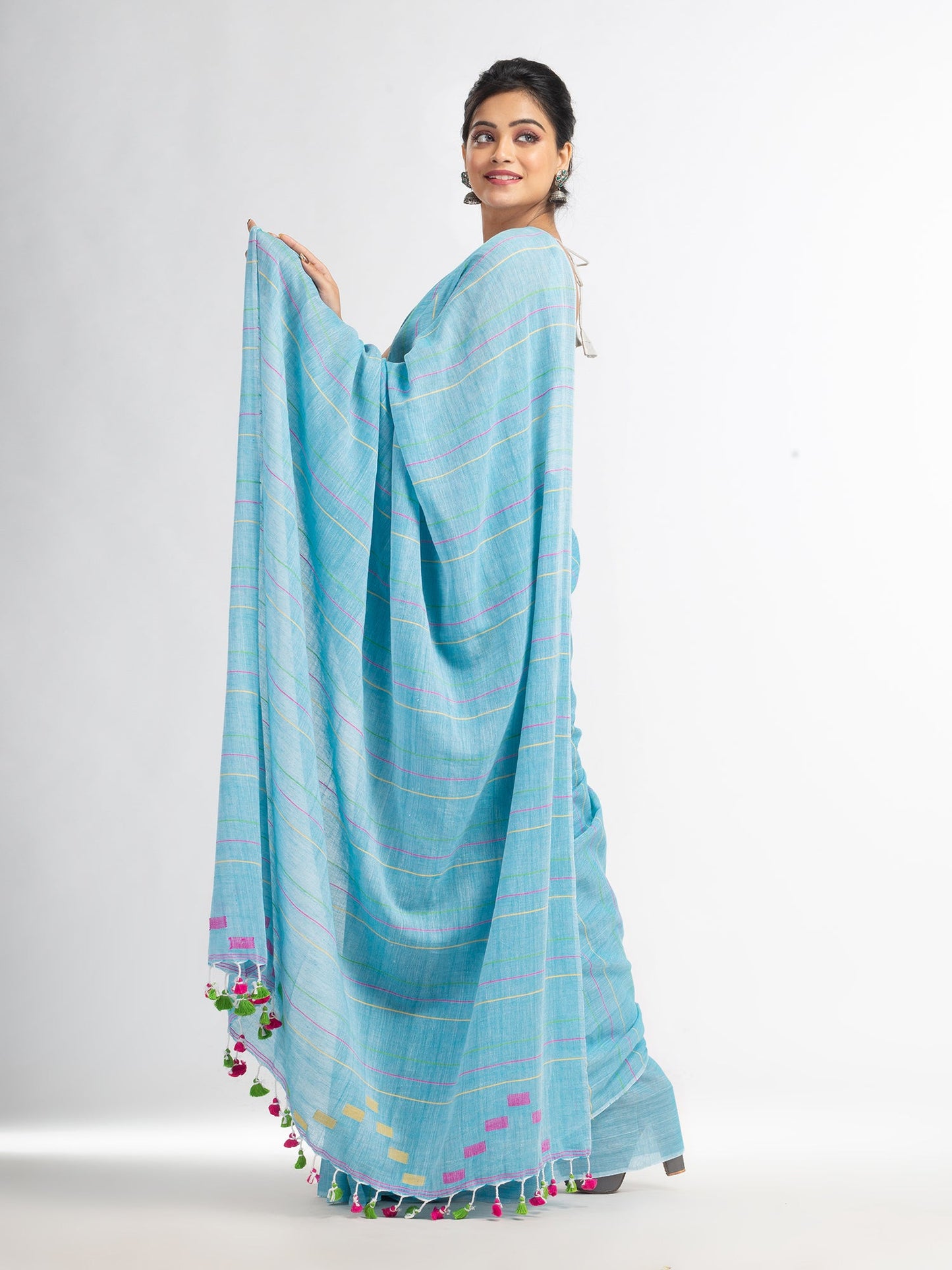 Women's Sky Handwoven Cotton Jamdani handloom Saree