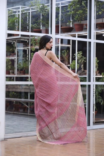 Women's Pink handwoven linen saree