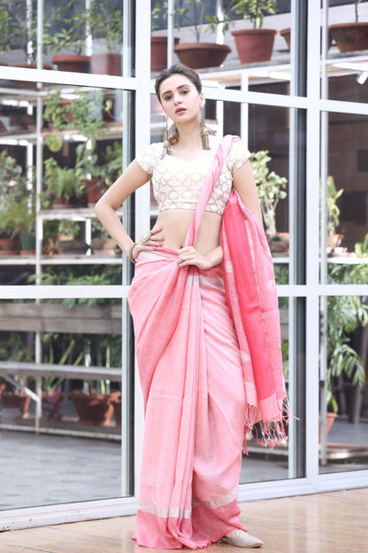 Women's Light pink handwoven linen saree
