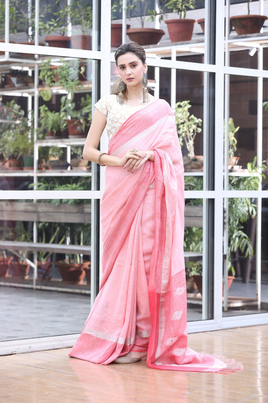 Women's Light pink handwoven linen saree