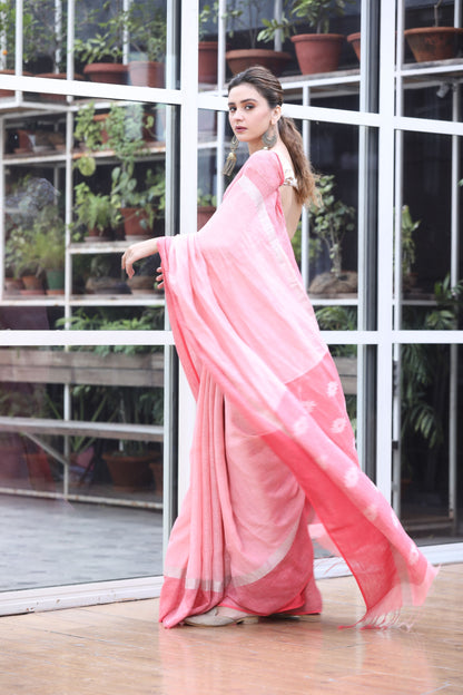 Women's Light pink handwoven linen saree