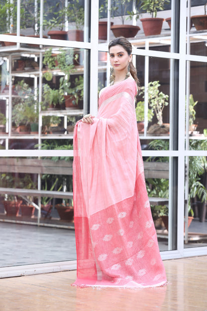 Women's Light pink handwoven linen saree