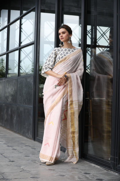 Women's Silver pink handwoven linen saree
