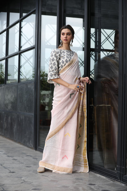 Women's Silver pink handwoven linen saree