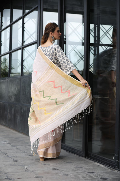 Women's Silver pink handwoven linen saree