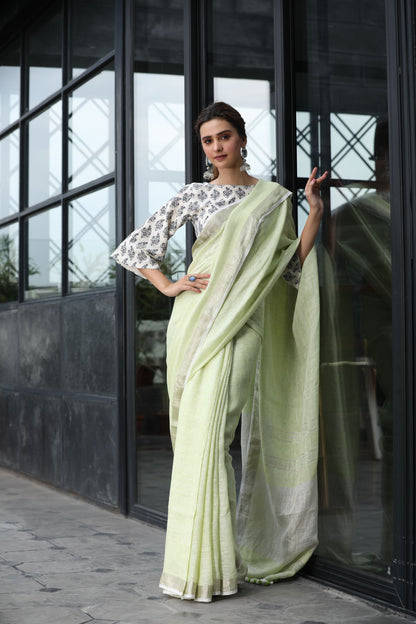 Women's Baby green handwoven linen saree