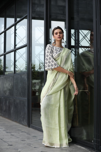 Women's Baby green handwoven linen saree