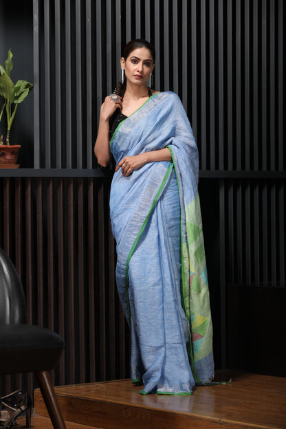 Women's Bleu handwoven linen saree