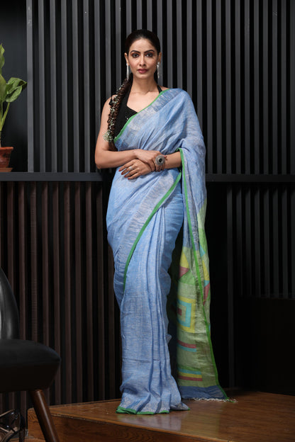 Women's Bleu handwoven linen saree