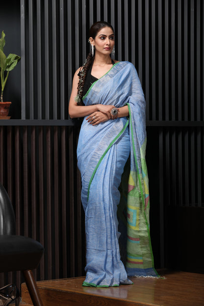 Women's Bleu handwoven linen saree