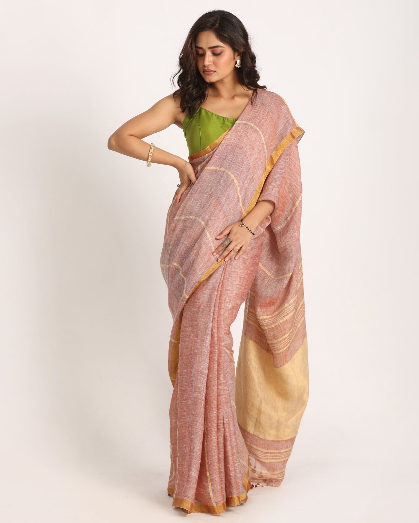 Women's Blast Off Bronze Handloom Check Linen Saree