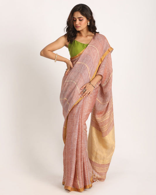 Women's Blast Off Bronze Handloom Check Linen Saree