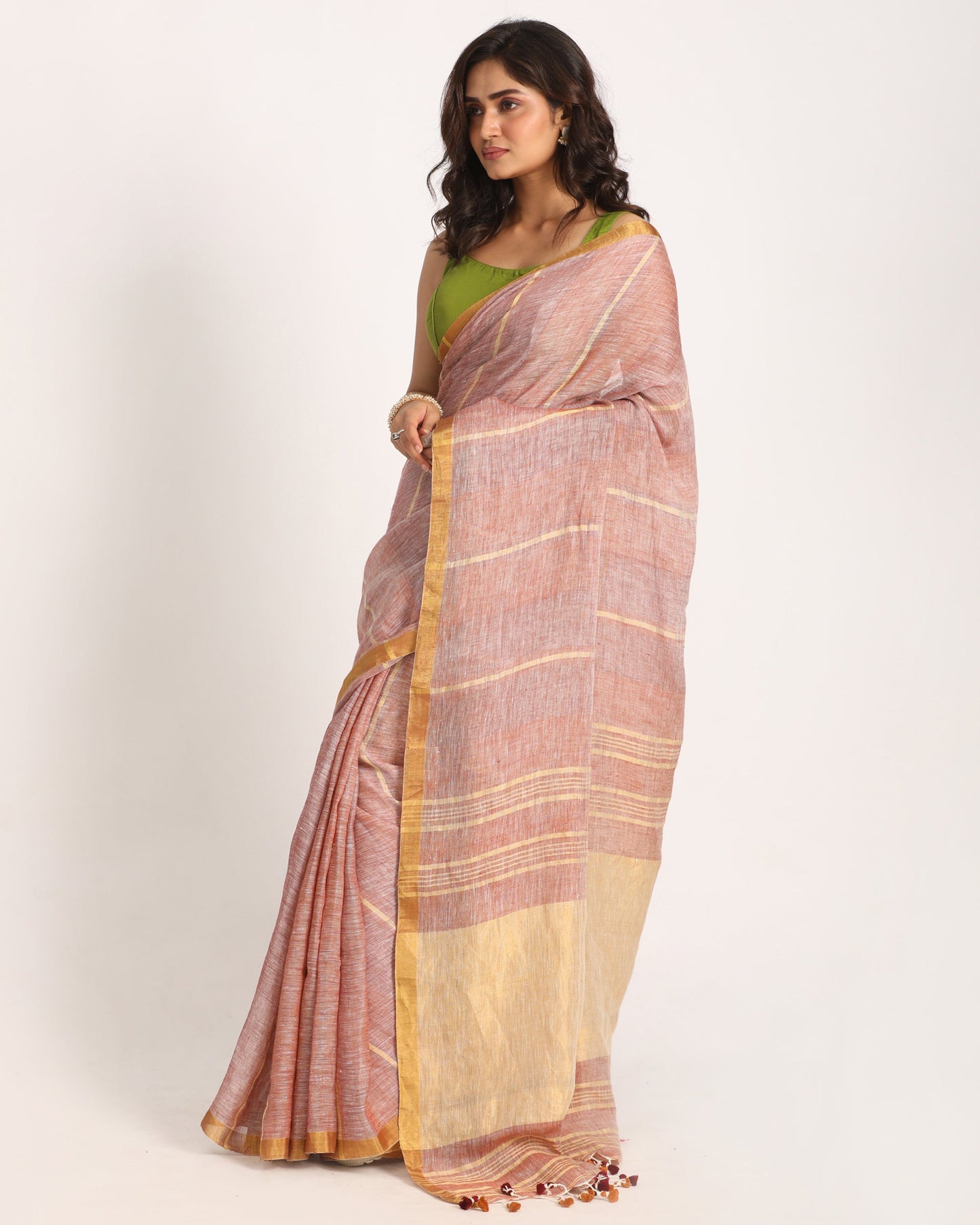Women's Blast Off Bronze Handloom Check Linen Saree