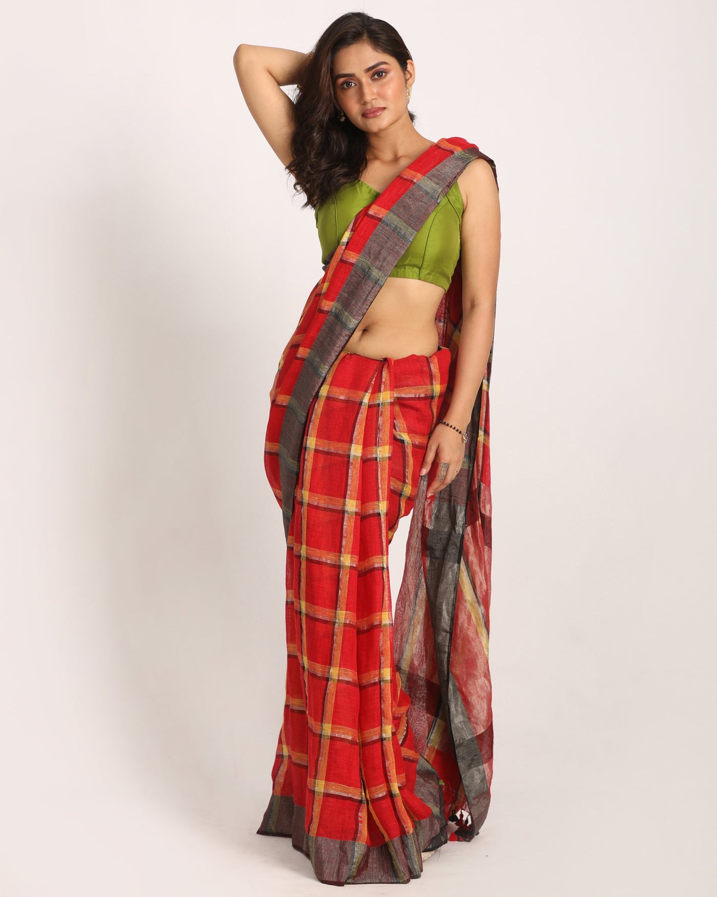 Women's Red Handloom Check Linen Saree