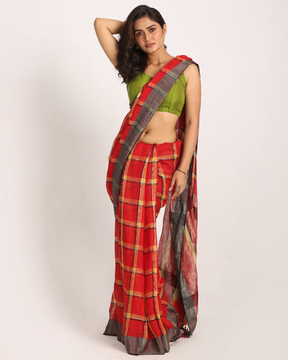 Women's Red Handloom Check Linen Saree