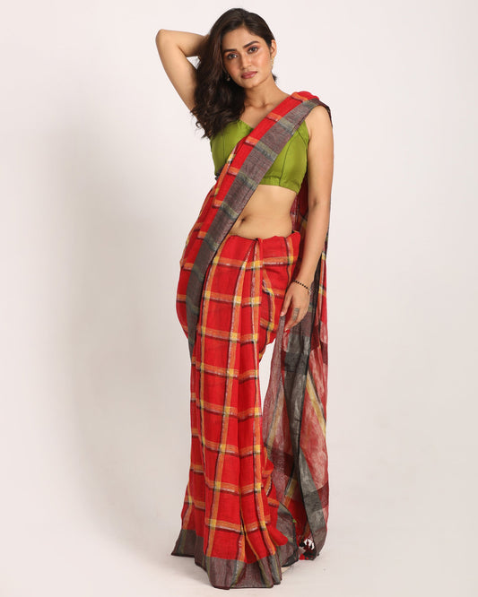 Women's Red Handloom Check Linen Saree