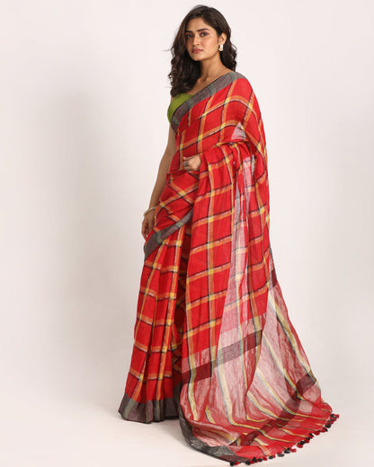 Women's Red Handloom Check Linen Saree