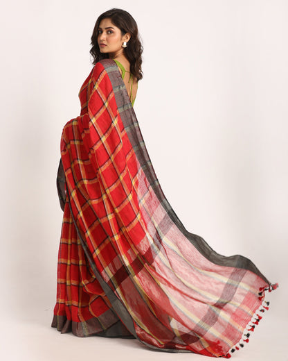 Women's Red Handloom Check Linen Saree