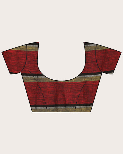 Women's Red Handloom Check Linen Saree