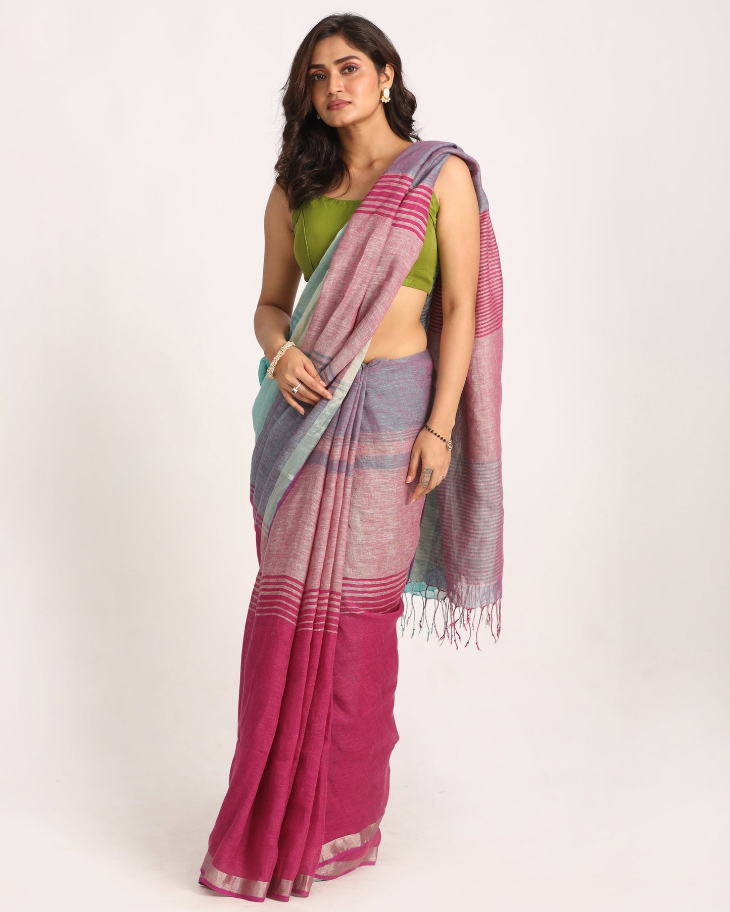 Women's Multicolour Traditional Handloom Check Linen Saree
