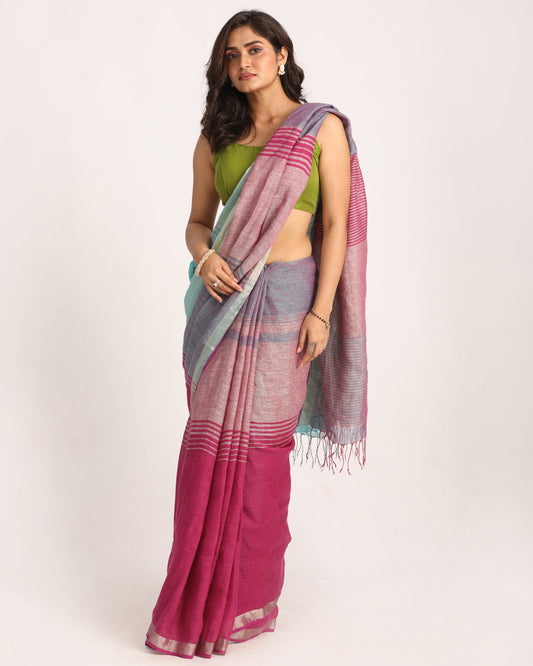 Women's Multicolour Traditional Handloom Check Linen Saree