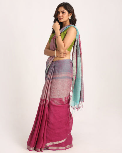 Women's Multicolour Traditional Handloom Check Linen Saree