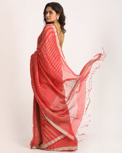 Women's Pastel Red Traditional Handloom Check Linen Saree