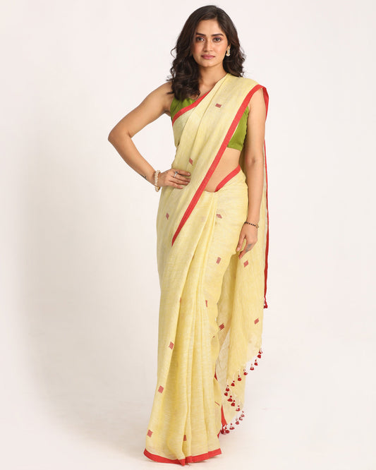 Women's Light Lemon Traditional Handloom Linen Jamdani Saree