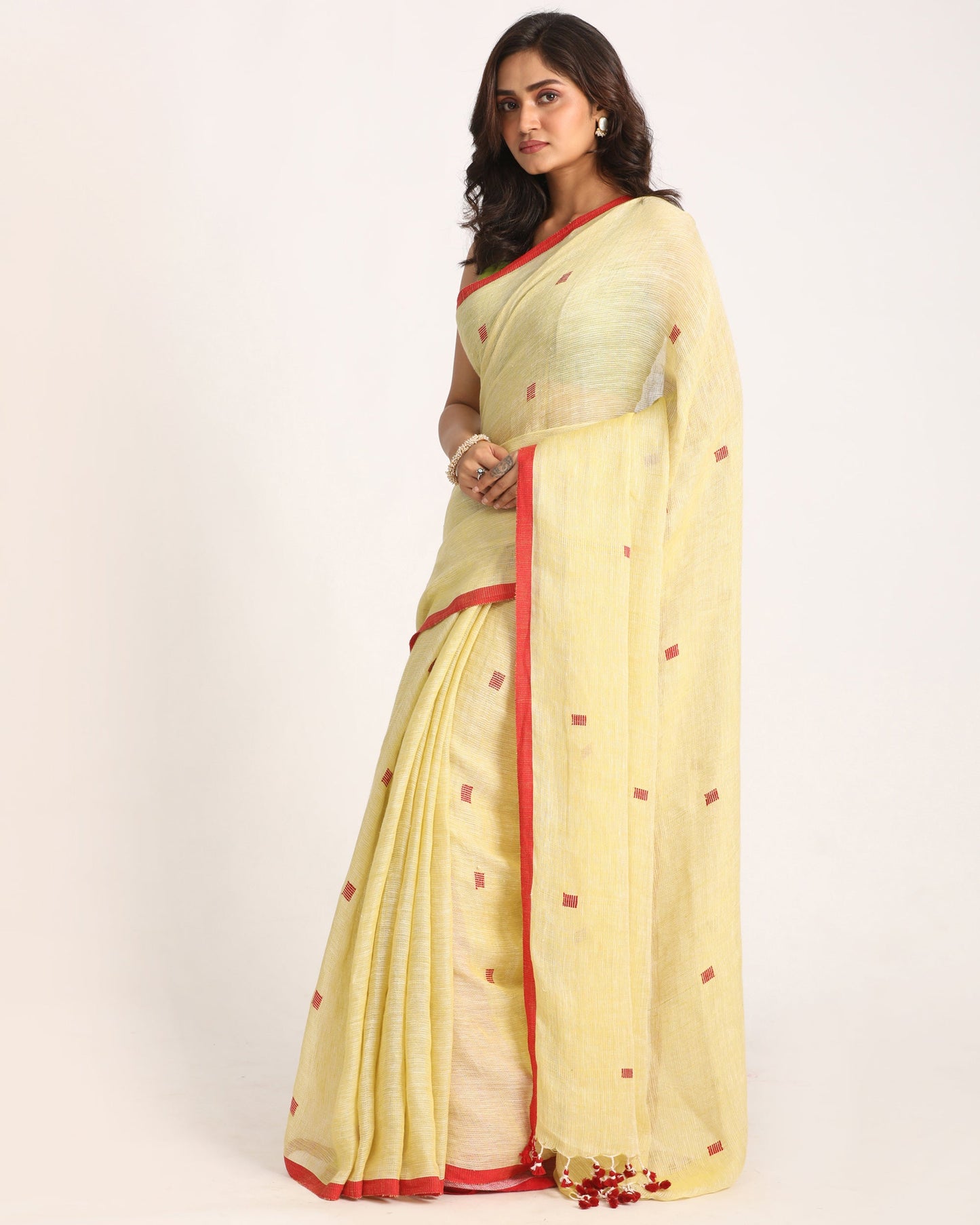 Women's Light Lemon Traditional Handloom Linen Jamdani Saree