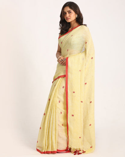 Women's Light Lemon Traditional Handloom Linen Jamdani Saree
