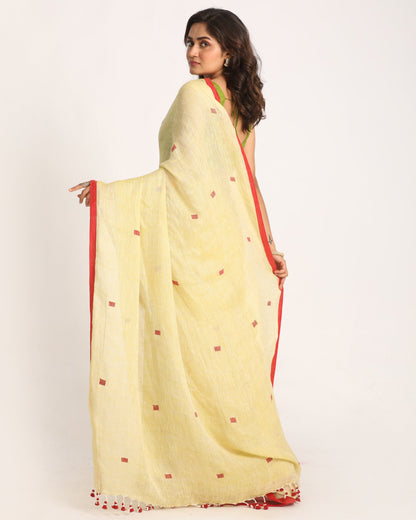 Women's Light Lemon Traditional Handloom Linen Jamdani Saree