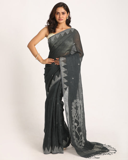 Women's Black & White Traditional Handloom Linen Jamdani Saree