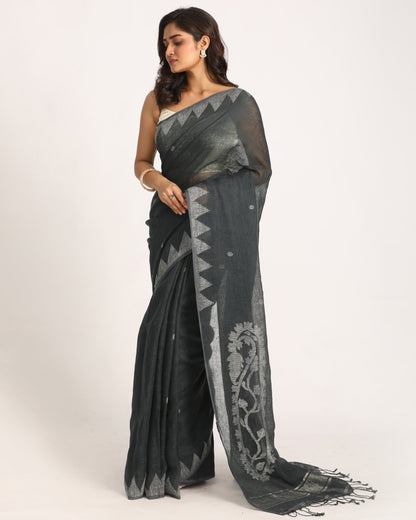 Women's Black & White Traditional Handloom Linen Jamdani Saree