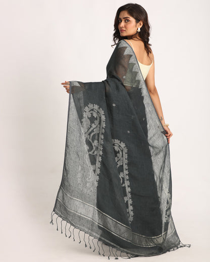 Women's Black & White Traditional Handloom Linen Jamdani Saree