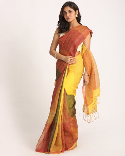 Women's Multicolour Traditional Handloom Check Linen Saree