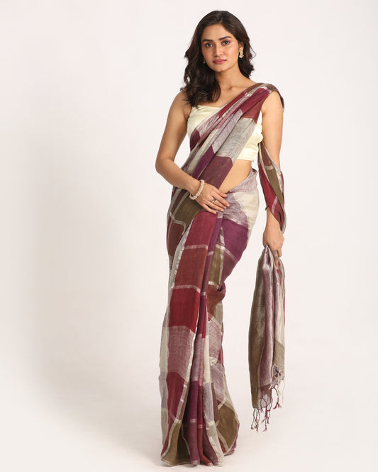 Women's Multicolour Traditional Handloom Check Linen Saree