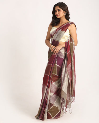 Women's Multicolour Traditional Handloom Check Linen Saree