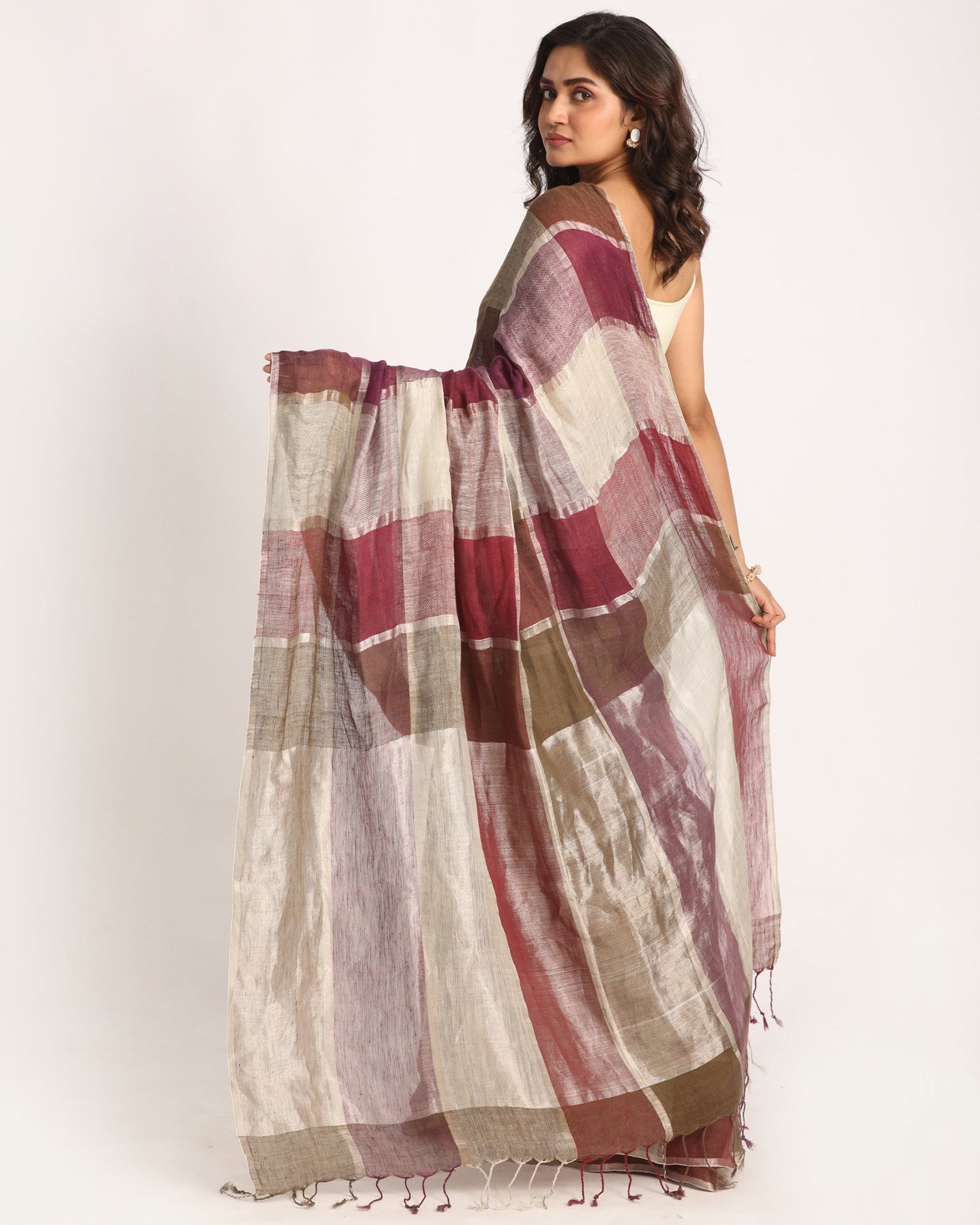 Women's Multicolour Traditional Handloom Check Linen Saree