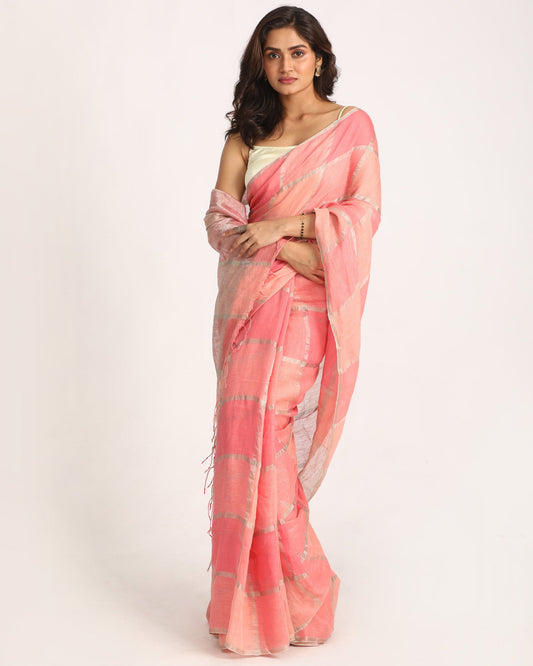 Women's Pastel Pink Traditional Handloom Check Linen Saree