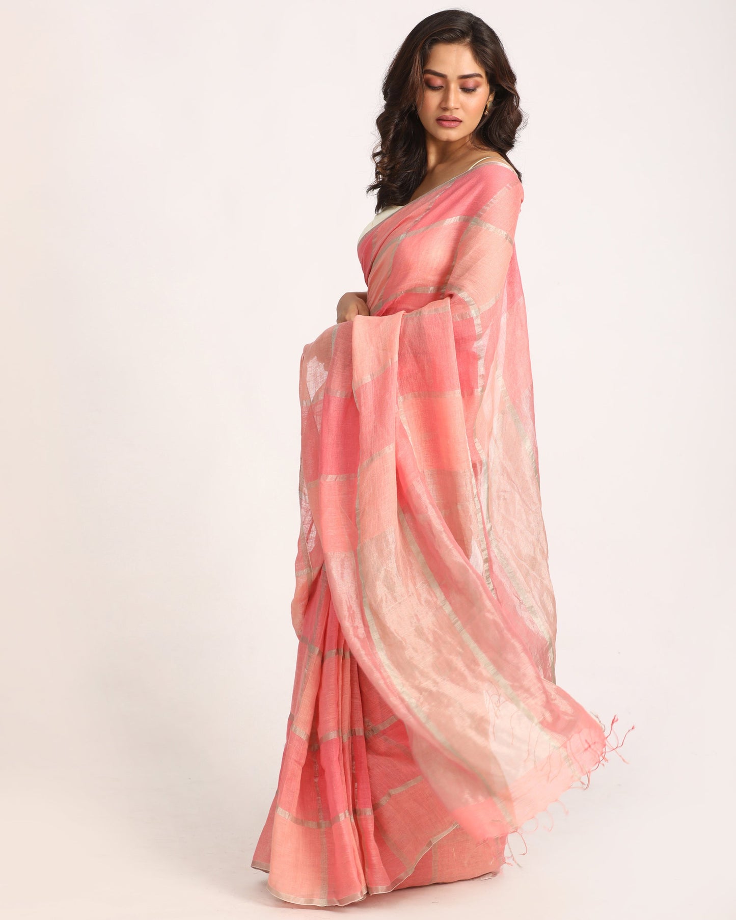 Women's Pastel Pink Traditional Handloom Check Linen Saree