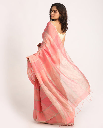 Women's Pastel Pink Traditional Handloom Check Linen Saree