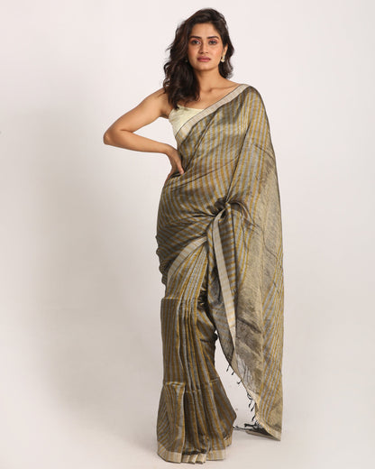 Women's Golden Silver Check Traditional Handloom Tissue Linen Saree