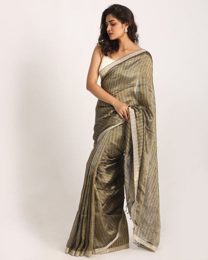 Women's Golden Silver Check Traditional Handloom Tissue Linen Saree