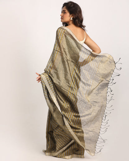 Women's Golden Silver Check Traditional Handloom Tissue Linen Saree