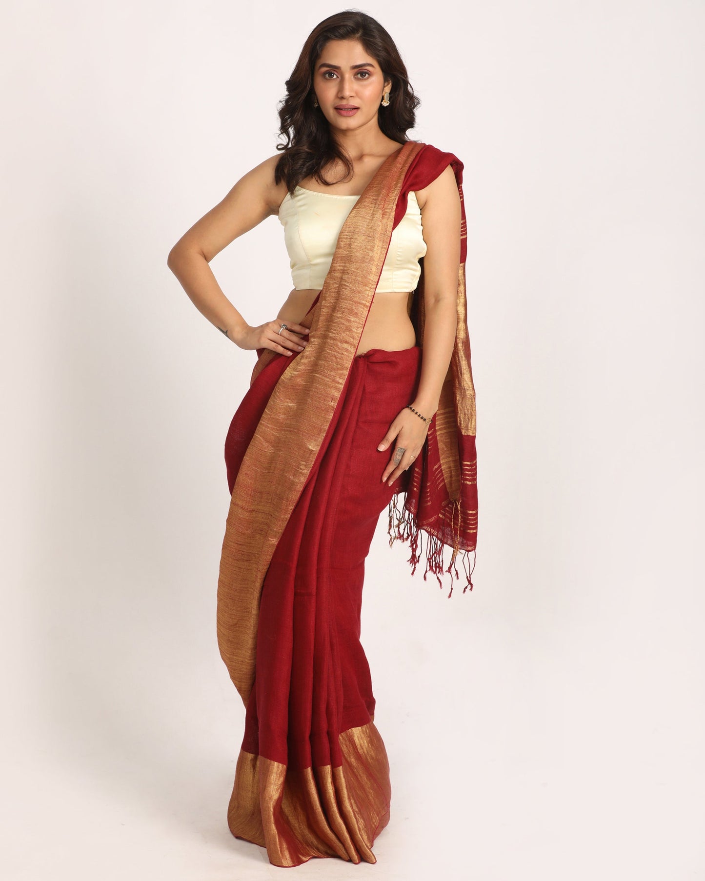 Women's Maroon Traditional Handloom Linen Saree